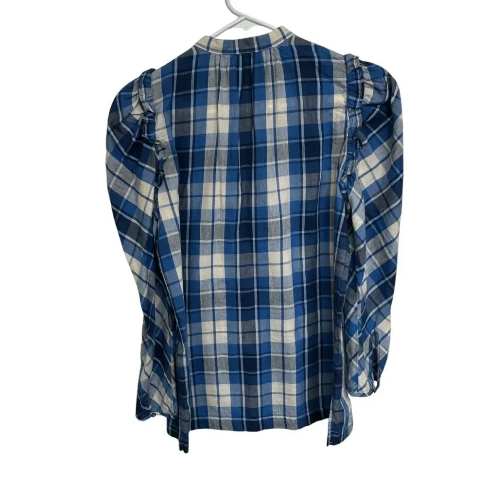 J.Crew Puff Sleeve Pop Over Plaid Blouse in‎ Valley Plaid Flannel, XXS